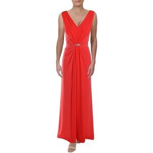 Lauren Ralph Lauren Vawlisa Brooch detail draped Reddish orange Evening Gown.